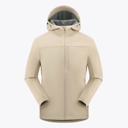 Unisex beige zipper outdoor softshell jacket with hood
