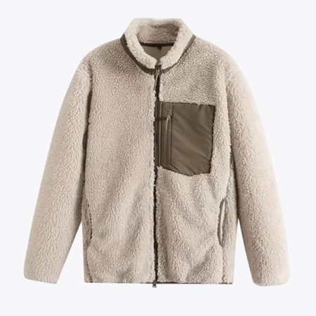 Front view of the Simmerui men’s thick sherpa fleece jacket in a neutral beige coffee, featuring a stand-up collar, full-length front zipper, and a functional chest pocket.