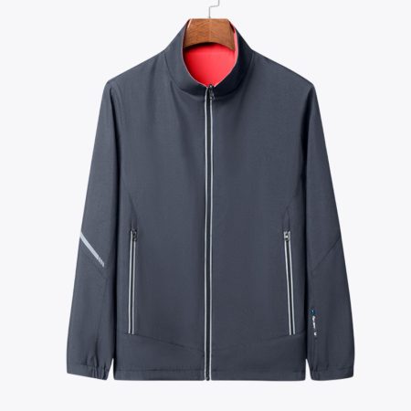 Men's dark-gray-red zip up reversible jacket with stand collar
