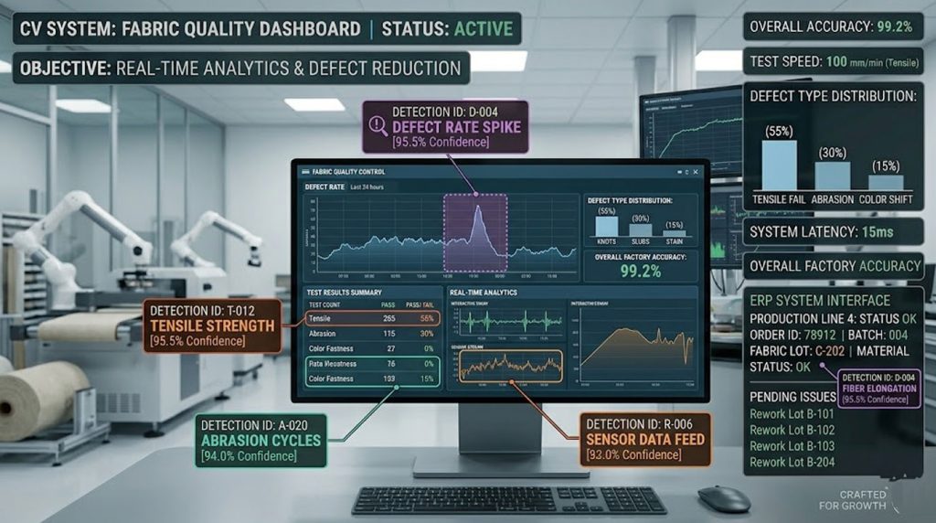 Fabric quality control dashboard displaying real-time defect analytics, overall factory accuracy, and ERP system interface.