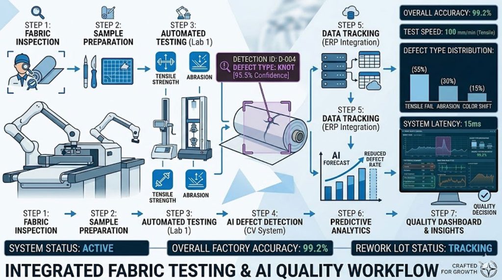 Infographic showing automated fabric testing workflow from sample prep to AI defect detection and predictive analytics.