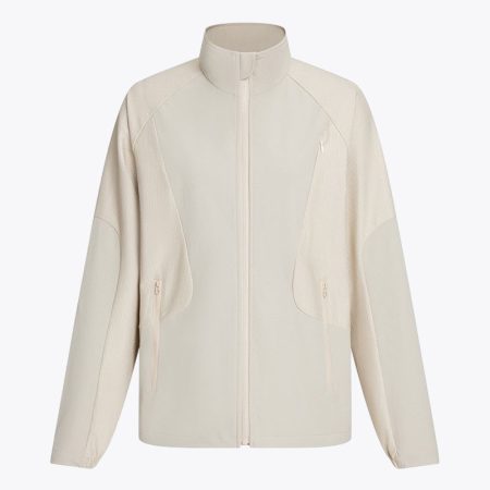 A front-facing studio shot of the Simmerui sun protection windbreaker in khaki, featuring a stand-up collar, full-length zipper, and integrated breathable mesh side panels.