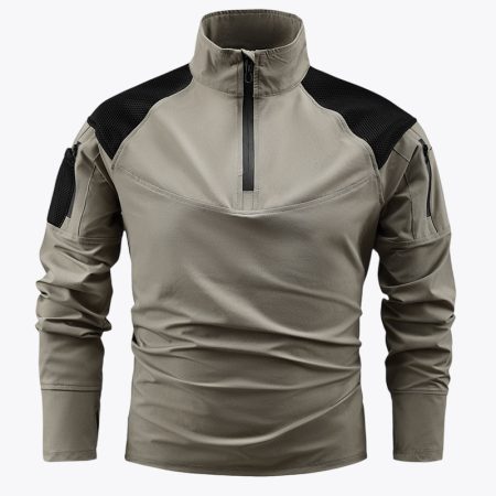 Khaki tactical zip performance pullover shirt front view