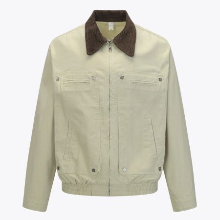 Front view of the Simmerui stylish zip up collared jacket in light beige with a dark corduroy collar and full-zip closure.
