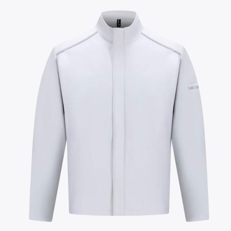 Front view of the Simmerui light-gray softshell work jacket featuring high-visibility reflective strips, stand-up collar, and windproof design for professional outdoor work.