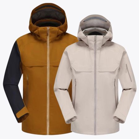 A side-by-side display of the Simmerui waterproof softshell jacket, showcasing the mustard and limestone-white color options for outdoor enthusiasts.