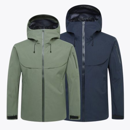 Side-by-side display of the Simmerui unisex lightweight softshell rain jacket in army green and dark navy color options.