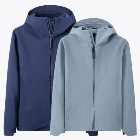 Studio display showing the navy and grey color options for the Simmerui professional softshell hooded jacket, highlighting the athletic cut and design.