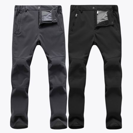 Black and dark gray unisex soft shell pants with fleece lining and warm outdoor fit
