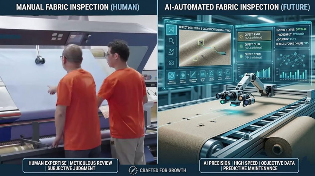 Side-by-side comparison of manual fabric inspection versus AI-automated inspection, highlighting speed, accuracy, and predictive maintenance benefits.