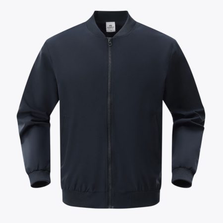 navy lightweight softshell sports jacket with ribbed collar, hem and cuff detail