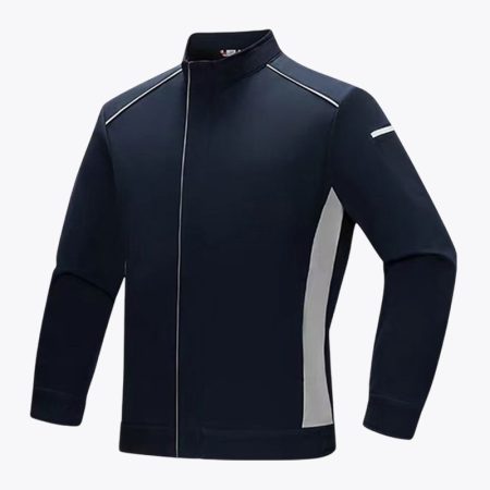Front view of the Simmerui navy-gray waterproof work jacket featuring a modern stand-up collar, sleek reflective piping, and contrasting side panels for a professional look