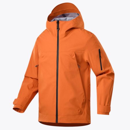 Front view of the orange Simmerui unisex lightweight hard shell jacket, highlighting the protective hood, sleek zippered construction, and durable, weather-resistant fabric.