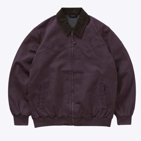 Front view of the Simmerui mens retro Detroit bomber jacket in purple featuring a classic corduroy collar, front zip closure, and ribbed knit hem.