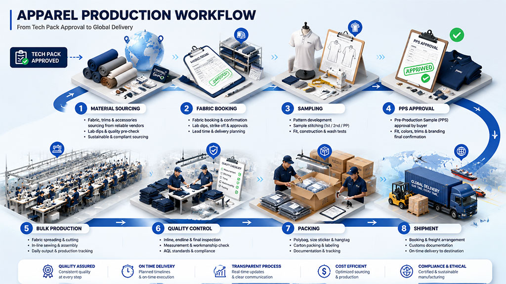 A comprehensive apparel production workflow diagram mapping the journey from initial tech pack approval to global delivery. The eight-step process includes material sourcing, fabric booking, sampling, pre-production sample (PPS) approval, bulk production, rigorous quality control, packaging, and final shipment, emphasizing quality assurance, transparency, and ethical manufacturing.