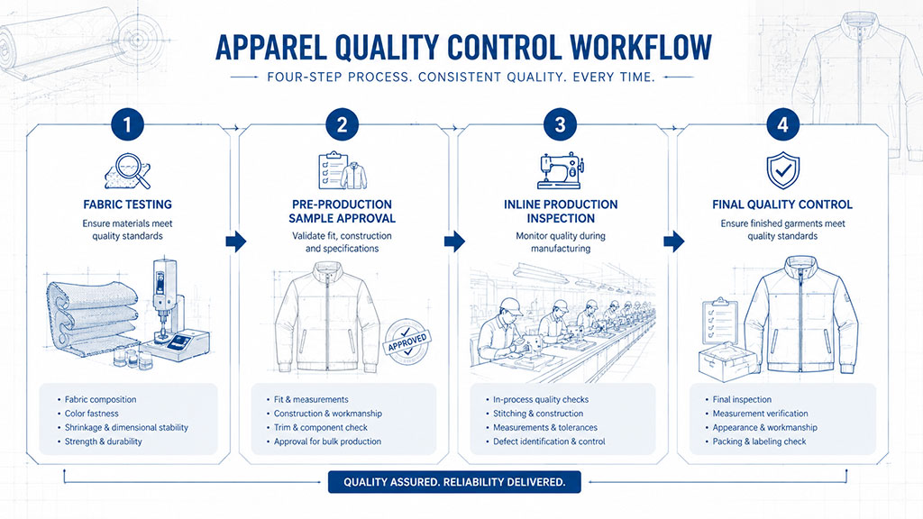 Apparel manufacturing quality control workflow diagram illustrating a four-step process: fabric testing (composition, color fastness, shrinkage, and strength), pre-production sample approval (fit, construction, and specifications), inline production inspection (stitching, measurements, and defect control), and final quality control (finished garment inspection and packing), ensuring consistent quality standards in garment production.