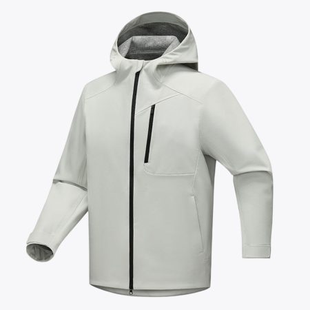 Front view of the Simmerui outdoor waterproof softshell jacket in Aurora White, featuring an ergonomic hood, a high-contrast black chest zipper, and a sleek, modern technical design for outdoor activities.