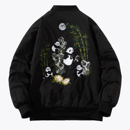 Rear view of the black baseball jacket displaying an intricate, large-scale 3D embroidered scene featuring multiple pandas, rocky mountains, bamboo forests, a moon, and yellow chrysanthemums.