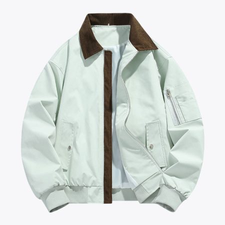 Front view of the SimmerUI lightweight patchwork cargo jacket in bean green, featuring a stylish lapel collar, multi-pocket utility design, and a modern, relaxed silhouette perfect for daily street style.