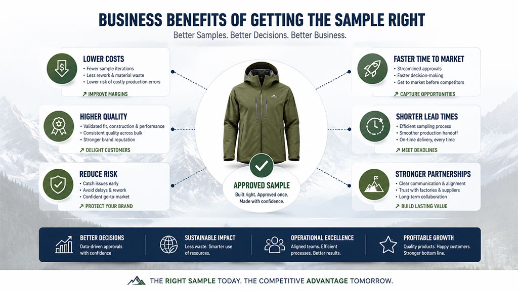 An infographic displaying the core benefits of reducing sampling rounds in custom apparel development for B2B brands, including cost savings, faster time-to-market, improved communication with manufacturers, and increased production efficiency.