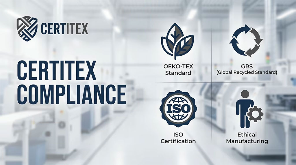 Certitex apparel manufacturing compliance and certification panel showcasing key industry credentials, including OEKO-TEX Standard, GRS (Global Recycled Standard), ISO certification, and ethical manufacturing practices, reflecting a commitment to sustainability, social responsibility, and international quality standards.