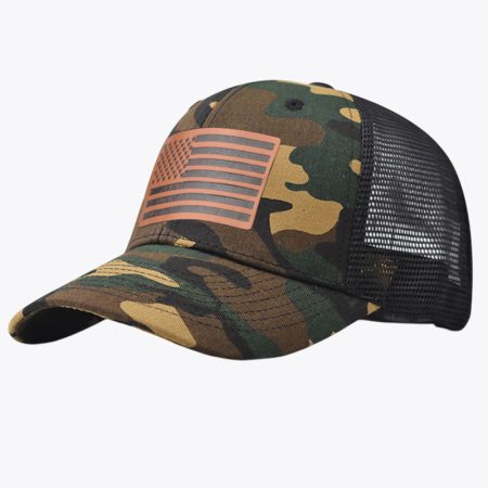 Side view of the Simmerui baseball cap in Camouflage, featuring a prominent brown leather-style USA flag patch on the front and a breathable mesh back panel for comfort.