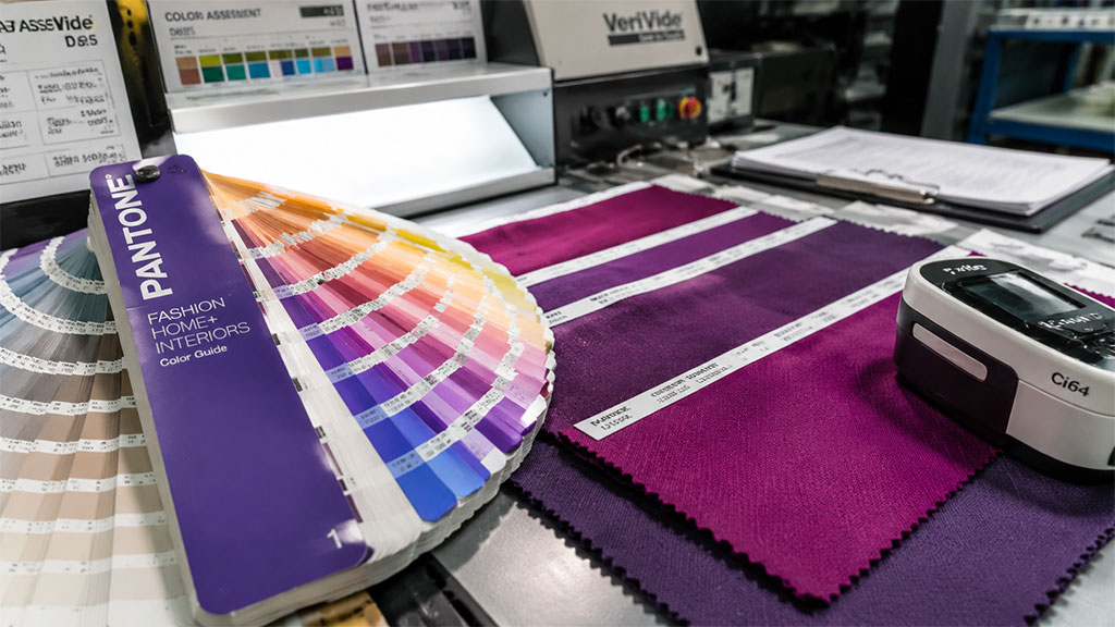 A close-up of professional color management tools in a textile facility, featuring a Pantone Fashion, Home + Interiors color guide and a spectrophotometer used for precise fabric color matching and quality assessment.