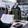 A professional apparel designer working in a manufacturing facility, reviewing a technical jacket design sketch and fabric swatches; this image highlights the professional custom apparel development services provided by Simmerui, emphasizing quality, innovation, and reliability for B2B brands looking for a trusted garment manufacturing partner.