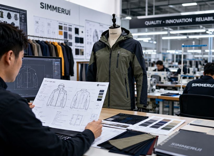 A professional apparel designer working in a manufacturing facility, reviewing a technical jacket design sketch and fabric swatches; this image highlights the professional custom apparel development services provided by Simmerui, emphasizing quality, innovation, and reliability for B2B brands looking for a trusted garment manufacturing partner.