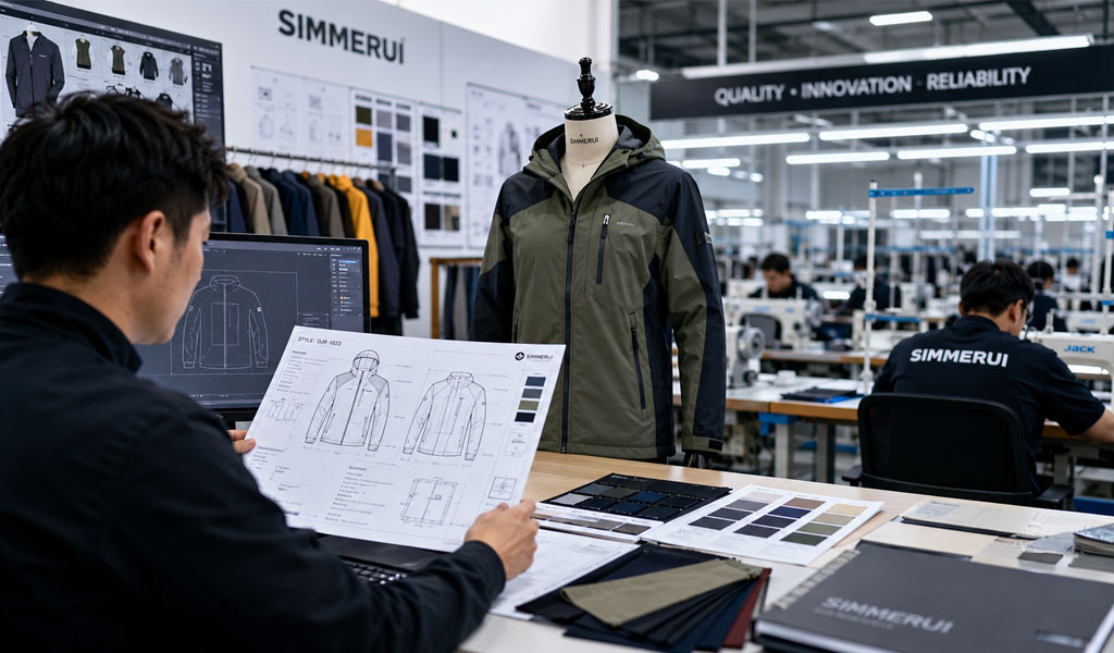 A professional apparel designer working in a manufacturing facility, reviewing a technical jacket design sketch and fabric swatches; this image highlights the professional custom apparel development services provided by Simmerui, emphasizing quality, innovation, and reliability for B2B brands looking for a trusted garment manufacturing partner.
