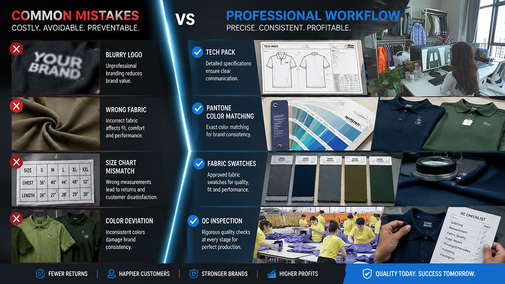 A comparison chart contrasting common B2B apparel ordering mistakes, such as blurry logos and fabric issues, against a professional workflow that prioritizes tech packs, Pantone color matching, and rigorous quality inspections.