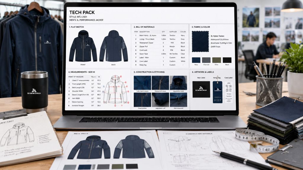 A detailed example of a professional fashion tech pack, illustrating crucial components like garment construction specifications, material details, grading rules, and measurement points required to minimize errors and reduce the need for multiple prototype sampling rounds.