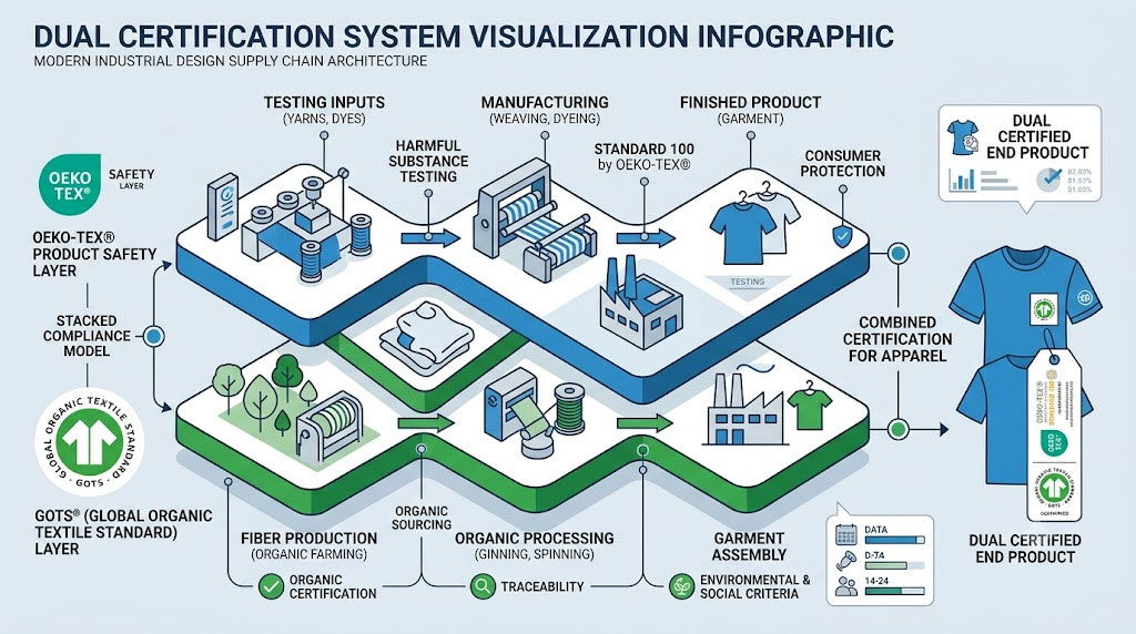 An infographic visualizing a "stacked compliance model" for apparel supply chains, illustrating how OEKO-TEX Standard 100 ensures product safety during manufacturing while GOTS (Global Organic Textile Standard) ensures organic integrity from fiber production through assembly, ultimately leading to a dual-certified end product with high traceability and social compliance.