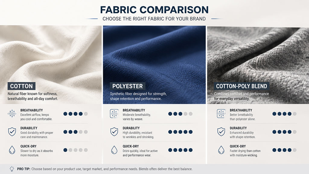 A fabric comparison guide evaluating cotton, polyester, and cotton-poly blends based on breathability, durability, and quick-dry performance to help B2B buyers choose the right material for their brand.