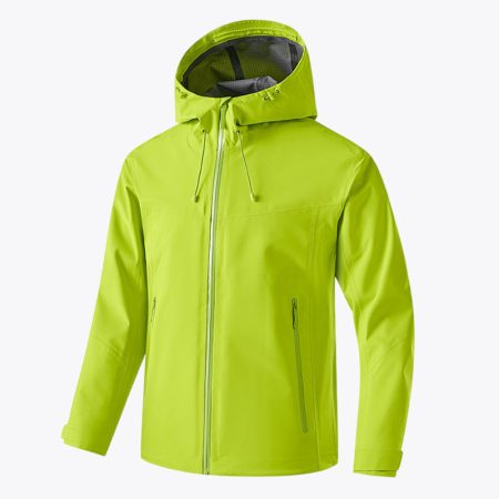 Front view of the vibrant Fluorescent-green Simmerui mens waterproof hard shell jacket featuring a protective hood, full-length front zipper, and two side pockets designed for outdoor utility
