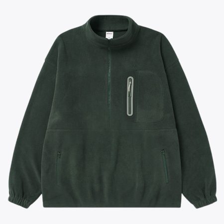 A front studio product view of the Simmerui bonded fleece half zip sweatshirt in green, featuring a mock neck design, a convenient half-zip front opening, a contrast-trimmed zippered chest pocket, and elasticized cuffs for a secure and comfortable fit.