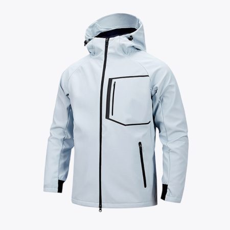 Front view of the Simmerui minimalist technical shell jacket in glacier blue, showcasing a streamlined design with a zippered chest pocket, side utility pockets, and a protective high-neck hood.