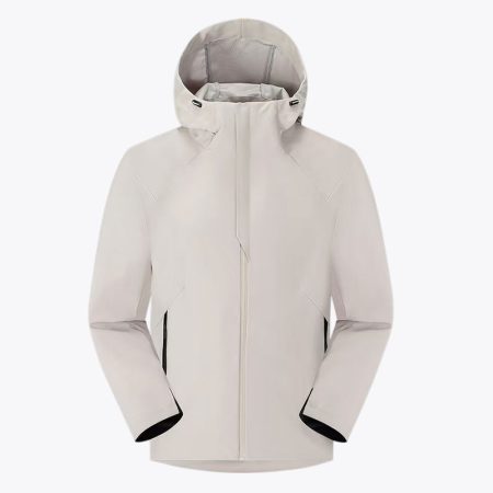 Front view of the Simmerui 3L thin waterproof shell jacket in ivory white, featuring an integrated adjustable hood, a high-neck protective collar, and a streamlined zip-front design for a minimalist outdoor look.