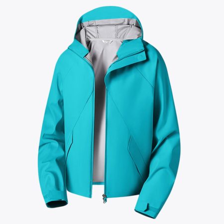 Front view of the Simmerui professional mountaineering hard shell jacket in Jadeite, featuring a high-neck protective hood, seamless waterproof zipper construction, and an ergonomic athletic fit.
