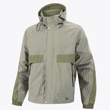 Full product view of the Simmerui lightweight striped hooded jacket, highlighting the overall design, color scheme, and the functional placement of zippers and buttons.