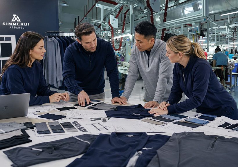 A collaborative meeting between a diverse professional apparel sourcing team and manufacturers at a production facility, reviewing technical garment specifications, fabric swatches, and design sketches on a large table to discuss low MOQ production requirements.
