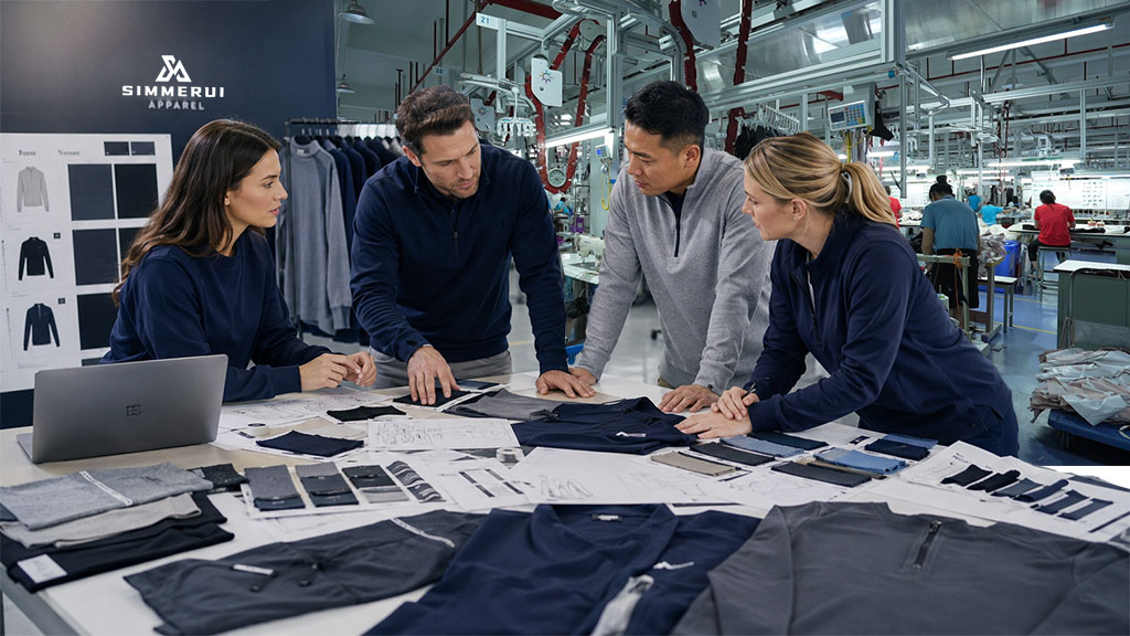 A collaborative meeting between a diverse professional apparel sourcing team and manufacturers at a production facility, reviewing technical garment specifications, fabric swatches, and design sketches on a large table to discuss low MOQ production requirements.