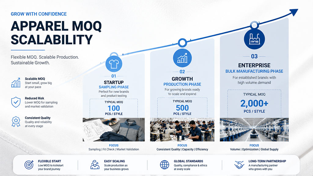 Apparel MOQ scalability graphic showing a flexible growth path for brands: the startup sampling phase (100 pcs/style) for market validation, the growth production phase (500 pcs/style) for scalability, and the enterprise bulk manufacturing phase (2000+ pcs/style) for global supply, designed to support brands at every stage of their business journey.