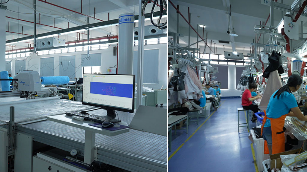 A two-part view of an industrial garment manufacturing facility. The left side showcases automated fabric spreading and cutting machines operated by a digital system for precision, while the right side displays a modern sewing production line with skilled workers assembling garments, highlighting high-efficiency mass production capabilities.