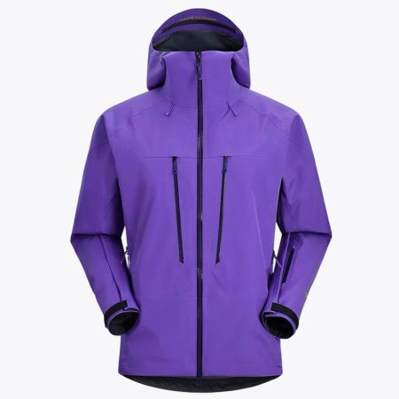 A studio product shot of the Simmerui waterproof hard shell jacket in Mineral-purple, featuring a high-neck protective hood, full-length front zipper, and multiple zippered chest pockets designed for technical outdoor performance.