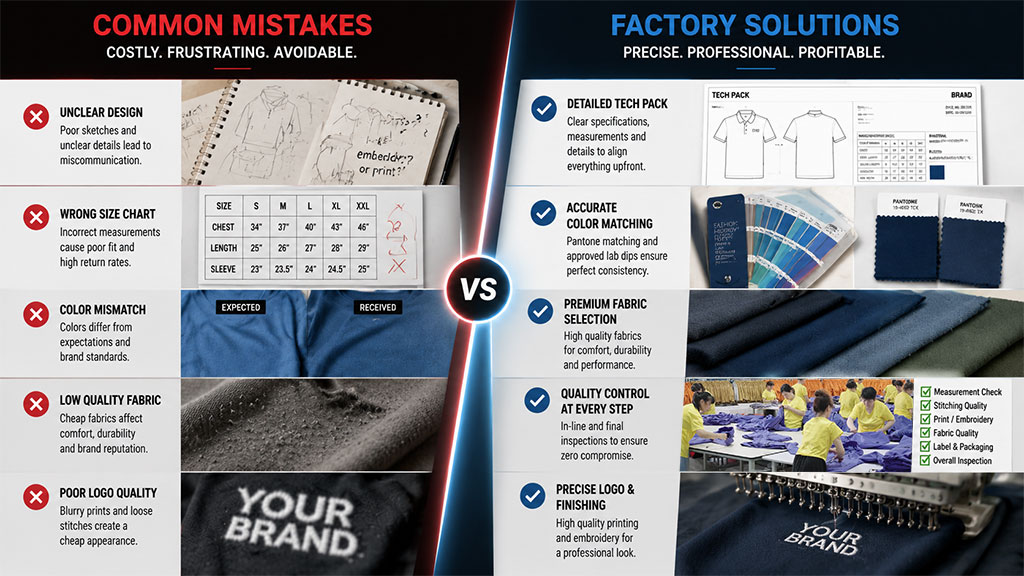 A comparative visual aid titled "Common Mistakes vs. Factory Solutions," highlighting how to avoid issues like unclear designs and size chart mismatches by implementing detailed tech packs, accurate color matching, and systematic quality control.