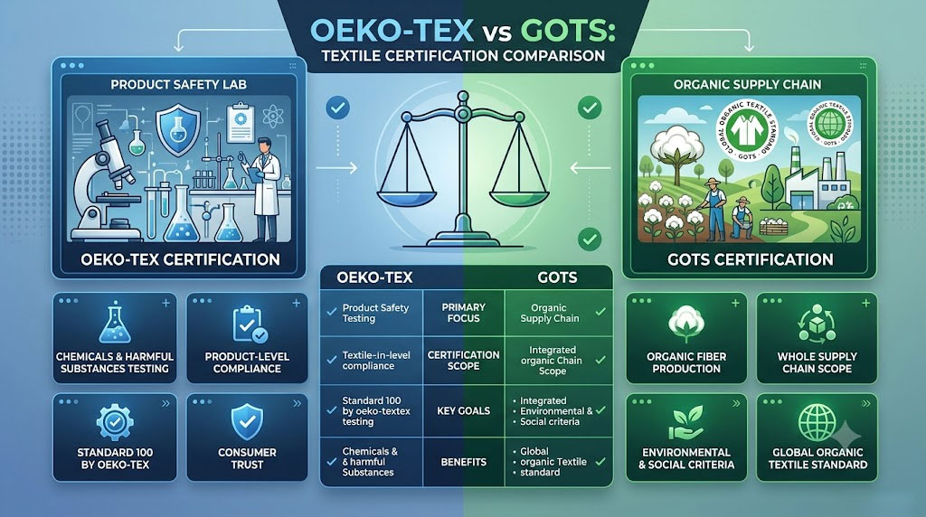 A comparison chart between OEKO-TEX and GOTS certifications, using a balance scale to contrast their primary focuses: OEKO-TEX emphasizes product safety, chemical testing, and human ecology, while GOTS emphasizes an integrated organic supply chain, environmental stewardship, and social labor criteria from farm to finished garment.