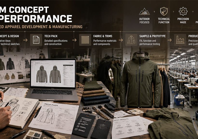 An infographic titled "From Concept to Performance" illustrating the integrated apparel development and manufacturing process, featuring steps from design and tech packs to prototyping and mass production.
