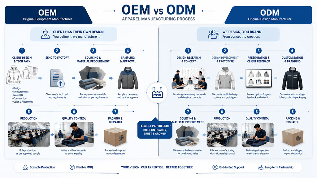 OEM vs. ODM apparel manufacturing process explainer comparing two production models: OEM (Original Equipment Manufacturer) where the client provides the design and tech pack, and ODM (Original Design Manufacturer) providing end-to-end services from design research and prototyping to branding and customization. Both paths emphasize quality control, material procurement, and flexible partnerships for long-term B2B success.