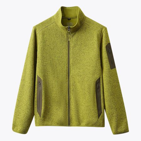 Front view of the SimmerUI stand-collar fleece cardigan jacket in olive green color, featuring a modern full-zip closure and a comfortable, tailored fit suitable for layering.